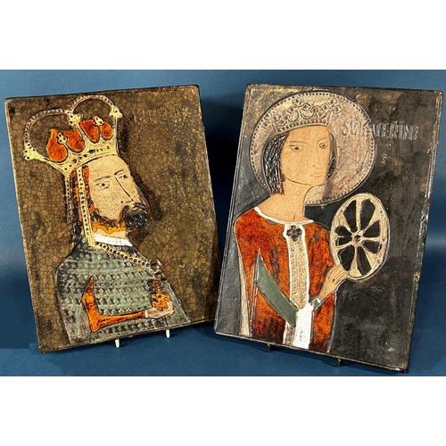 2083 - Four continental rectangular ceramic plaques detailing various saints to include St Catherine, St Ge... 