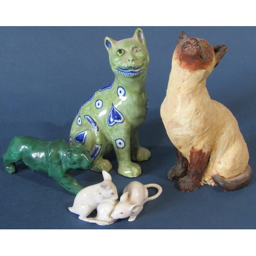 2091 - A collection of ceramic figures to include a Mosanic Galle style pottery cat, a further studio potte... 