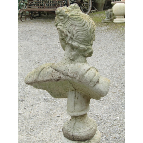 217 - A weathered cast composition stone bust of Apollo raised on a cylindrical fluted column pedestal 133... 