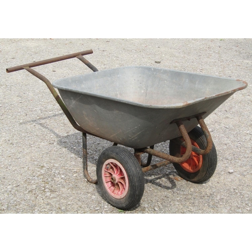 244 - A large galvanised two wheeled wheelbarrow with tubular frame and handle