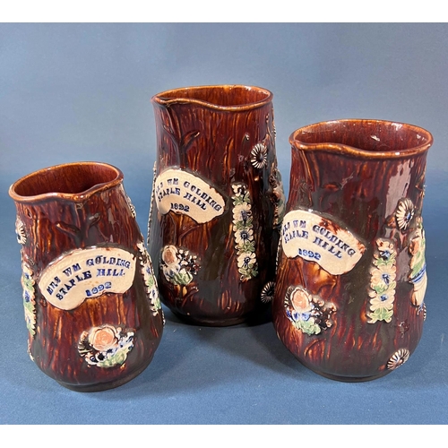 2118 - Three graduated barges ware jugs, Mrs W M Golding, Staple Hill, 1892