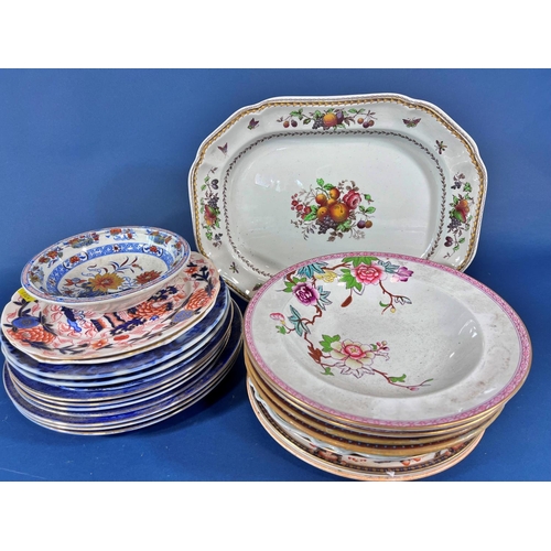 2126 - A collection of 19th century ironstone plates including a meat dish with gravy well and liner, vario... 