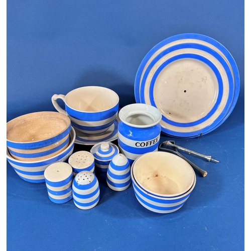 2128 - A collection of TG Green Cornish ware in the blue and white banded colourway comprising an outsized ... 