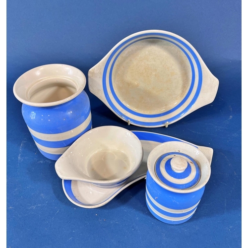 2128 - A collection of TG Green Cornish ware in the blue and white banded colourway comprising an outsized ... 