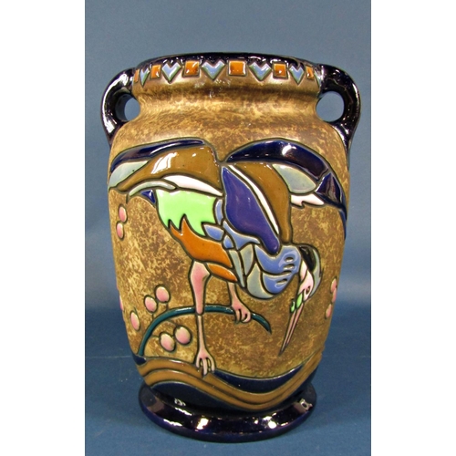 2090 - An Austrian Amphora art deco period vase with loop handle and incised detail showing a heron fishing