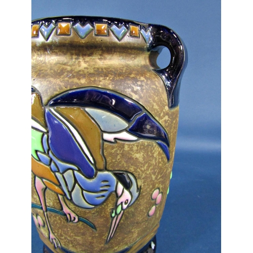 2090 - An Austrian Amphora art deco period vase with loop handle and incised detail showing a heron fishing