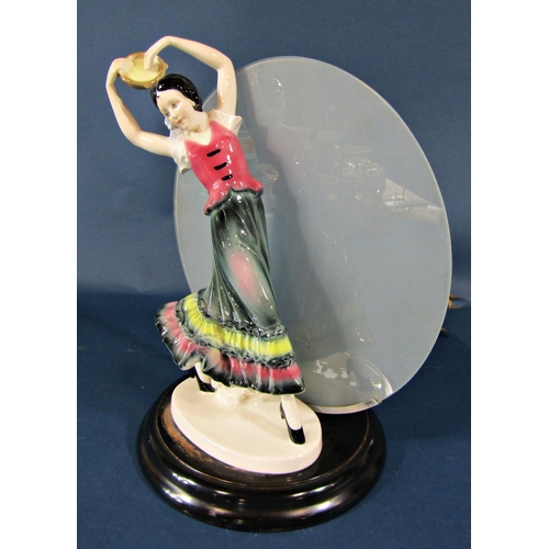 2096 - An art deco style table lamp with figure of a gypsy lady holding a pose, with glass panel shade, set... 