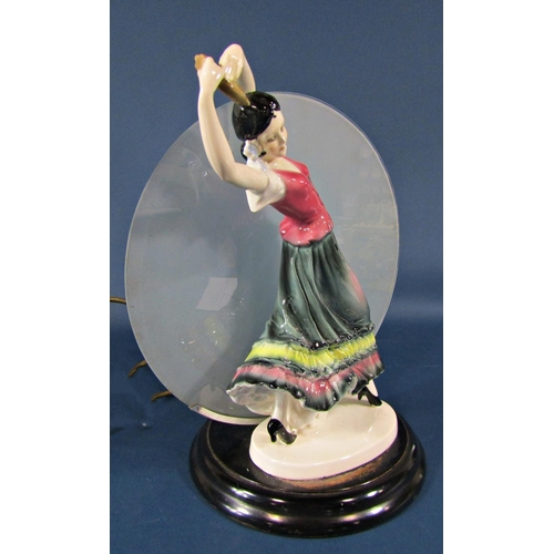 2096 - An art deco style table lamp with figure of a gypsy lady holding a pose, with glass panel shade, set... 