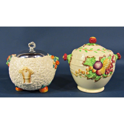 2105 - A Royal Staffordshire Pottery lidded biscuit jar decorated in relief with fruit, and a further lidde... 