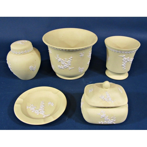 2107 - A collection of yellow Wedgwood Jasperware to include two vases, a small lidded ginger jar, further ... 