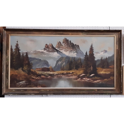1032 - Joel Yooyer - Mountain Vista with Lake, oil on canvas, signed lower right, 122 x 60 cm, framed