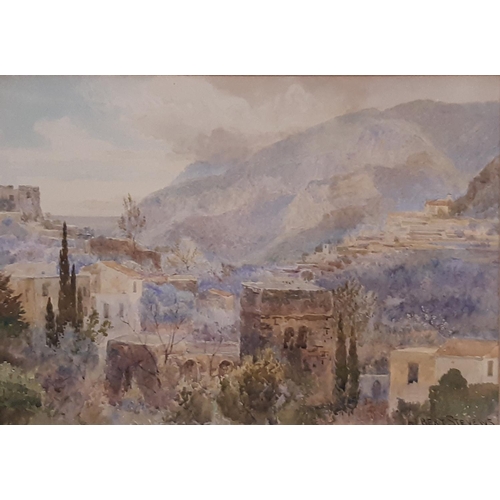 1040 - Albert Stevens (act.1872-1902) - 'Italian Village in Mountains with Ruins in the Foreground', waterc... 