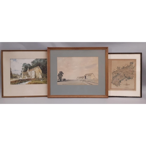 1046 - Two Watercolours and a Gloucestershire Map to Include: Hugh Ennion - 'Barn near Rissington - Early M... 