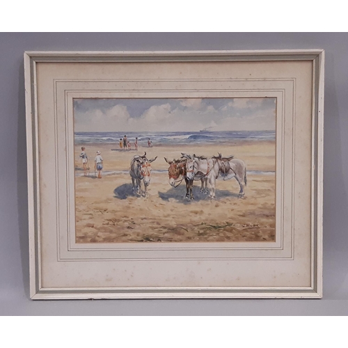1057 - J. West (19/20th Century) - Donkeys on the Beach, watercolour on paper, signed lower right, 19 x 26 ... 