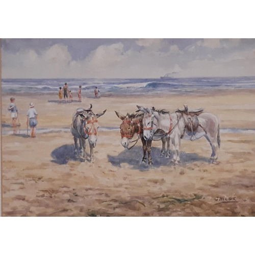 1057 - J. West (19/20th Century) - Donkeys on the Beach, watercolour on paper, signed lower right, 19 x 26 ... 