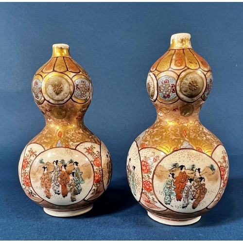 2075B - A pair of small Japanese Satsuma ware, double gourd shaped vases, finely detailed with characters, f... 