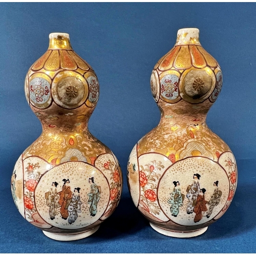 2075B - A pair of small Japanese Satsuma ware, double gourd shaped vases, finely detailed with characters, f... 