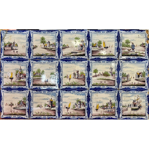 2084 - A panel of fifteen 19th century polychrome tiles (probably Dutch) with character , landscape and mar... 