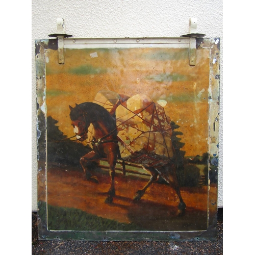 563 - An old hand painted metal double sided exterior inn sign probably named The Pack Horse the main pane... 