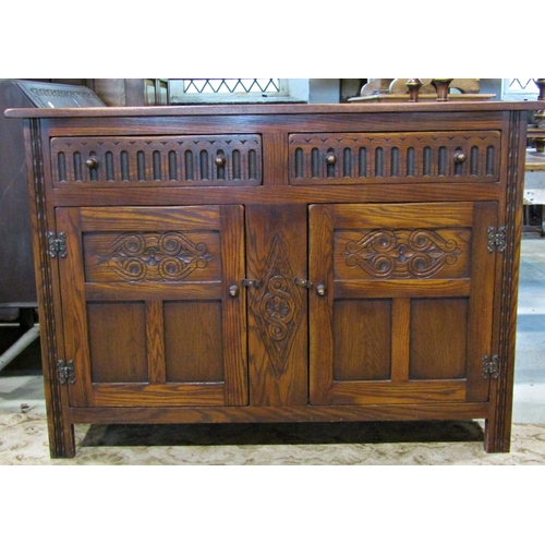 3108 - Good quality reproduction old English style oak dresser base enclosed by a pair of panelled doors be... 