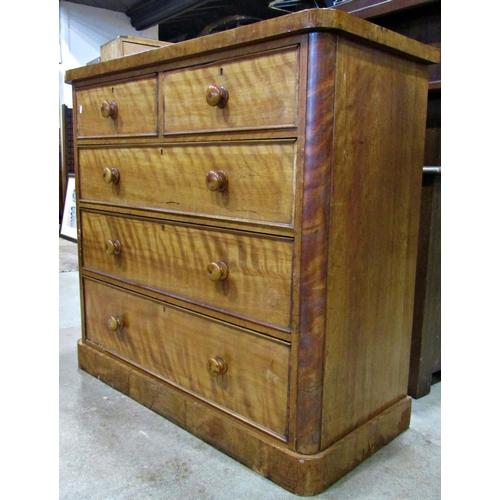 3111 - Victorian satin birch bedroom chest of three long and two short graduated drawers, flanked by rounde... 