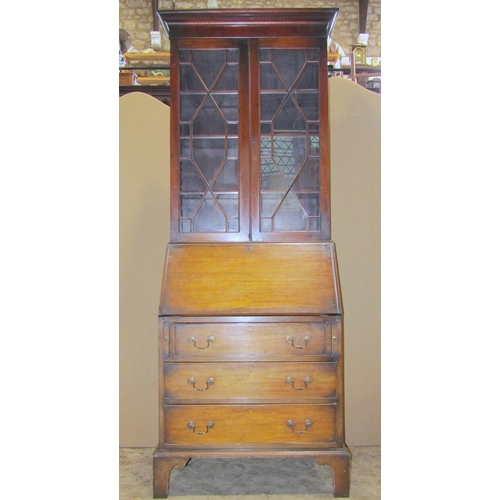 3123 - Good quality Georgian style mahogany bureau bookcase, the upper section enclosed by a pair of astrag... 