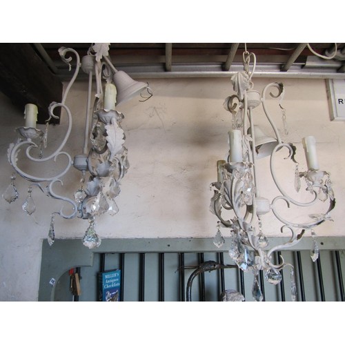 3008 - Four contemporary light metal three branch chandeliers with decorative painted crazed finish, open s... 