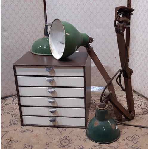 3064 - Two vintage industrial wall mounted lights with adjustable framework and green enamelled shades and ... 