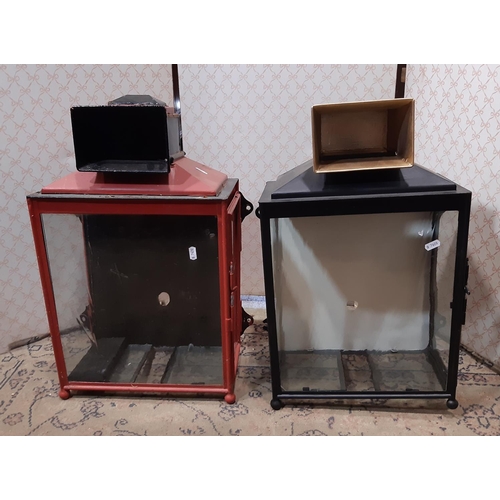 3065 - A pair of ironwork exterior platform lamps with painted finish, inscribed letters on the front L & N... 