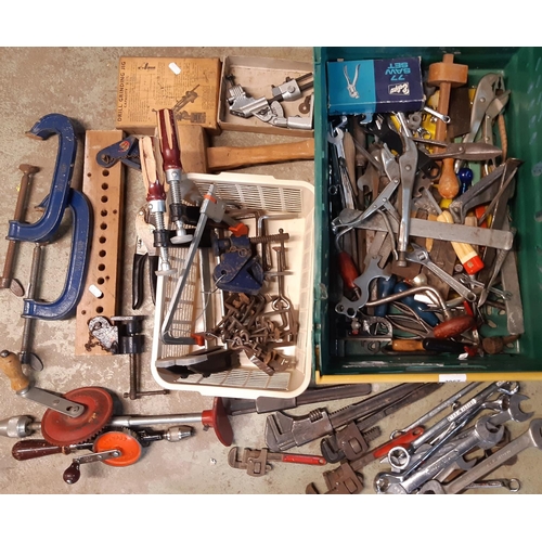 3067 - A good collection of workshop tools including G clamp, spanners, ring spanners, plane, mole grips, e... 