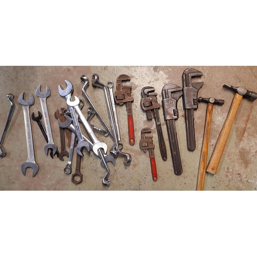 3067 - A good collection of workshop tools including G clamp, spanners, ring spanners, plane, mole grips, e... 