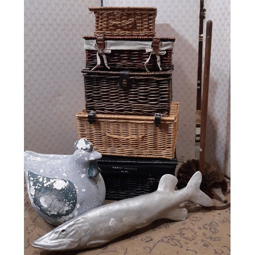 3068 - Five various wicker picnic baskets, plaster model of a salmon and chicken