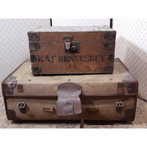 3071 - A vintage pine and steel banded tuck box and a further green canvas and leather bounded travelling t... 