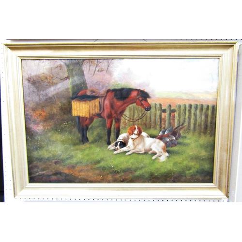 1010 - 20th Century, English School - Country Scene with Horse and Dogs, signed indistinctly lower left, oi... 