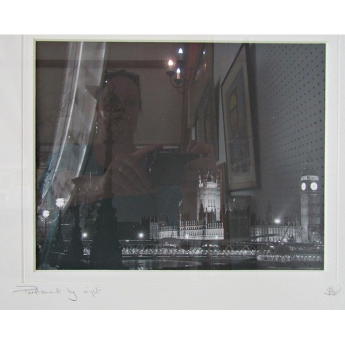 1083 - Two Framed Black and White Photographs of London: 'Parliament by Night' and 'By Night', both signed ... 