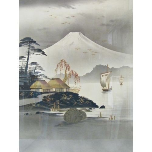 1086 - Three Works to Include: Mt. Fuji, ink and gold paint on paper, signed with red seal lower left, 48 x... 