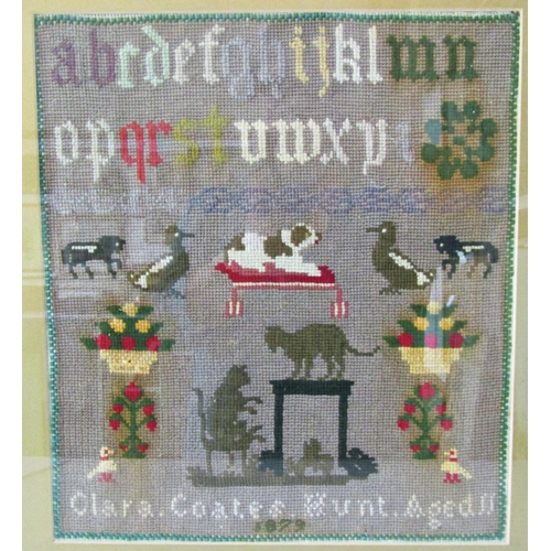 1087 - 19th Century Tapestry Sampler by Clara Coates Hunt, Aged 11, Dated 1879 30 x 34 cm, framed and glaze... 