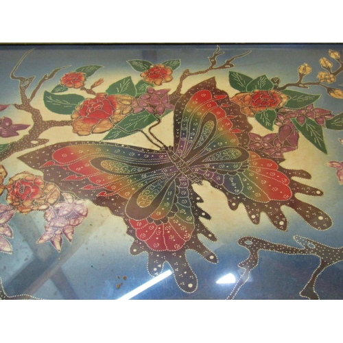 1107 - Butterflies and Flowers, print on fabric, signed indistinctly in print lower left, 122 x 43 cm, fram... 