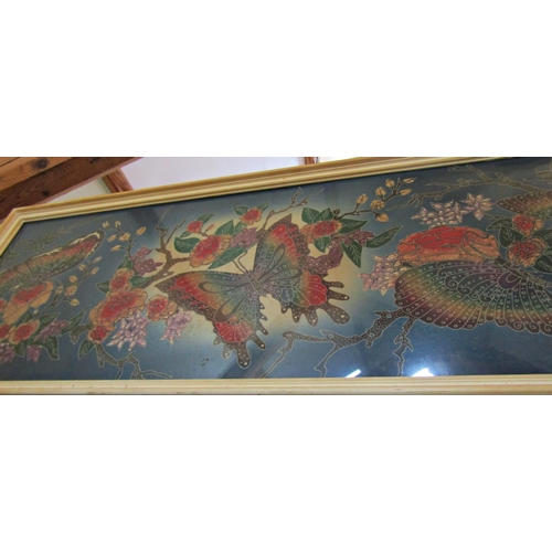 1107 - Butterflies and Flowers, print on fabric, signed indistinctly in print lower left, 122 x 43 cm, fram... 