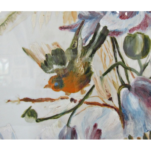 1109 - Bird with Flowers, oil on milk glass, indistinctly initialled below, 28 x 52 cm, glazed in moulded g... 