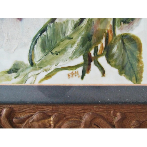 1109 - Bird with Flowers, oil on milk glass, indistinctly initialled below, 28 x 52 cm, glazed in moulded g... 