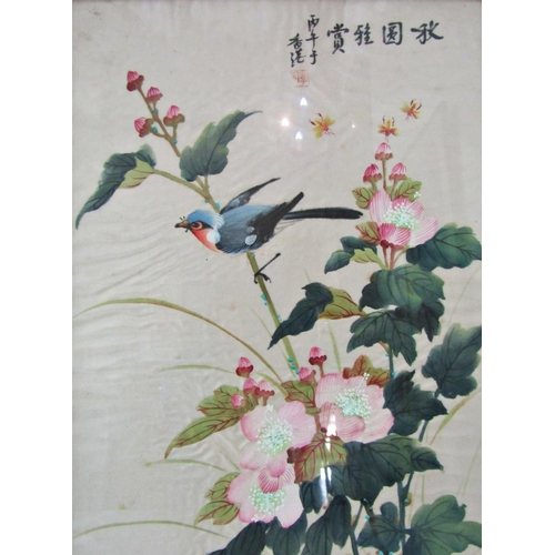 1111 - Two Chinese paintings of birds on silk, both bearing red seal marks, 28 x 34 cm and 33 x 50 cm, both... 