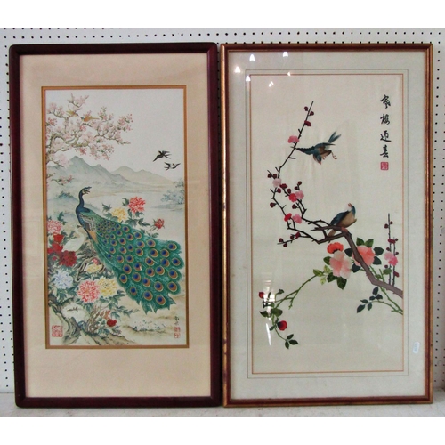 1112 - Three Chinese Artworks to Include: Embroidery of birds and blossom; print of a peacock and one other... 