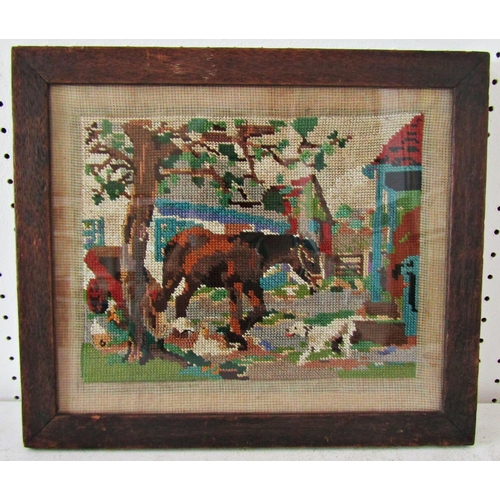 1127 - 1940s Tapestry of Farm Scene with Horse and Dog, with label inscribed 'worked by Margaret Parsons (n... 