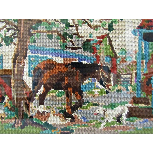 1127 - 1940s Tapestry of Farm Scene with Horse and Dog, with label inscribed 'worked by Margaret Parsons (n... 