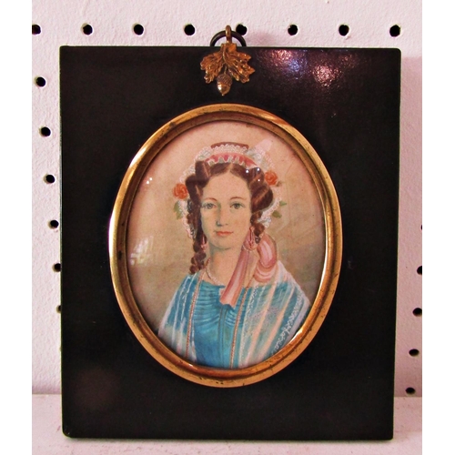 1130 - Miniature Portrait of Lady with Floral Bonnet, watercolour and pencil on oval card, approx. 10 x 8 c... 