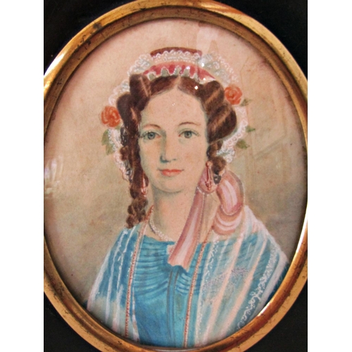 1130 - Miniature Portrait of Lady with Floral Bonnet, watercolour and pencil on oval card, approx. 10 x 8 c... 