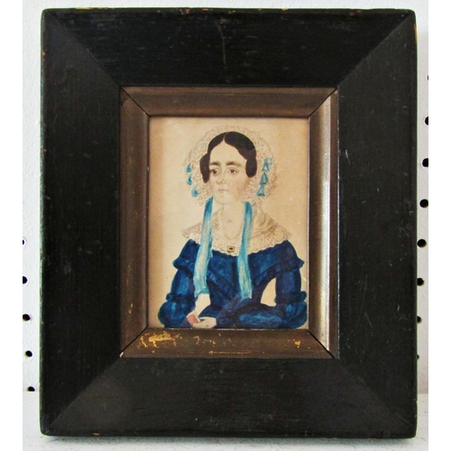 1132 - Primitive miniature portrait of a lady in blue dress holding a book, watercolour and pencil in card,... 