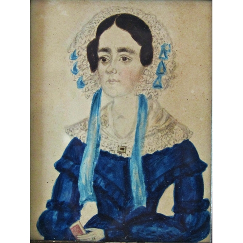 1132 - Primitive miniature portrait of a lady in blue dress holding a book, watercolour and pencil in card,... 