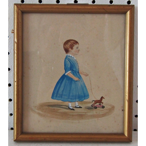 1133 - Primitive miniature portrait of a young girl in profile with a hobby horse, pencil and watercolour o... 